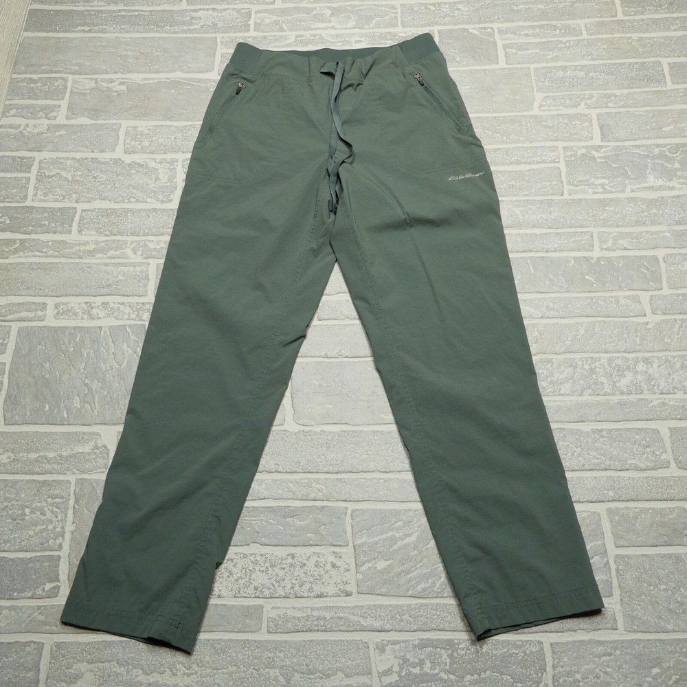 Eddie Bauer Tech Pants Womens S Green Nylon Elastic Waist Zip Pocket Quick Dry
